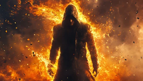 Hooded figure emerges from incendiary blast in cinematic flames
