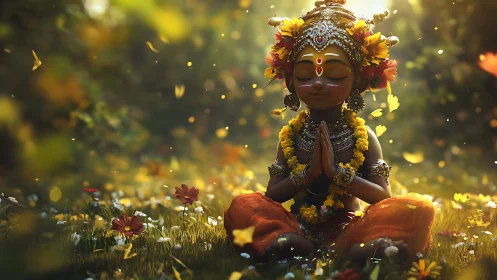 Peaceful child deity meditating in a sunlit flower meadow.
