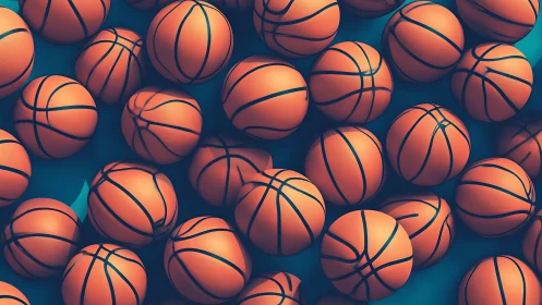 Repetitive basketball sphere array in saturated digital render.