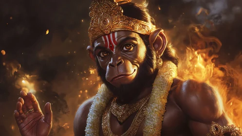 Fiery simian deity glows in garlands, gold and embers.