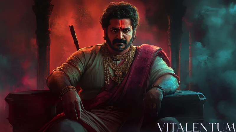 Royal warrior king seated on a throne in smoky hall.