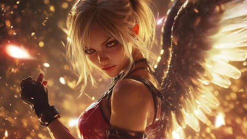 Fierce winged warrior stands in burning golden embers of dusk