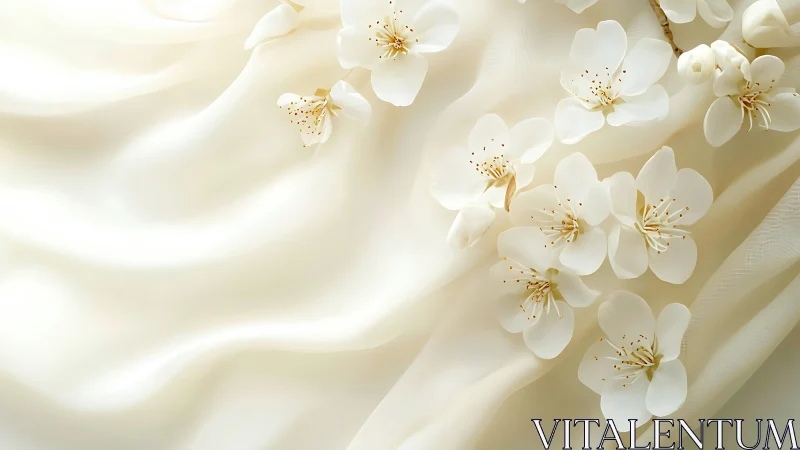 White blossom elements are arranged on softly draped fabric