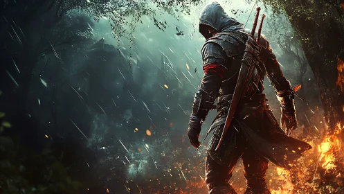 Hooded warrior stands in burning forest during heavy rain