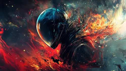 Astronaut silhouette dissolving in abstract cosmic firestorm.