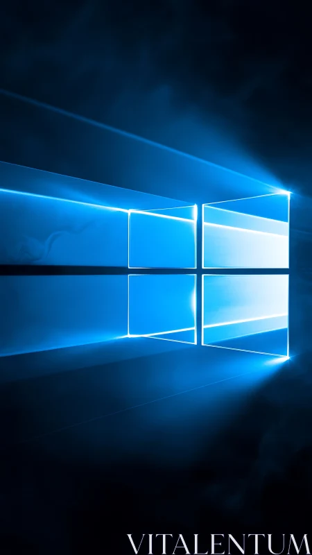 Luminous blue window logo emits sharp beams into darkness