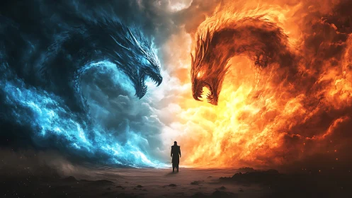 Human figure between opposing fire and ice dragon forms.