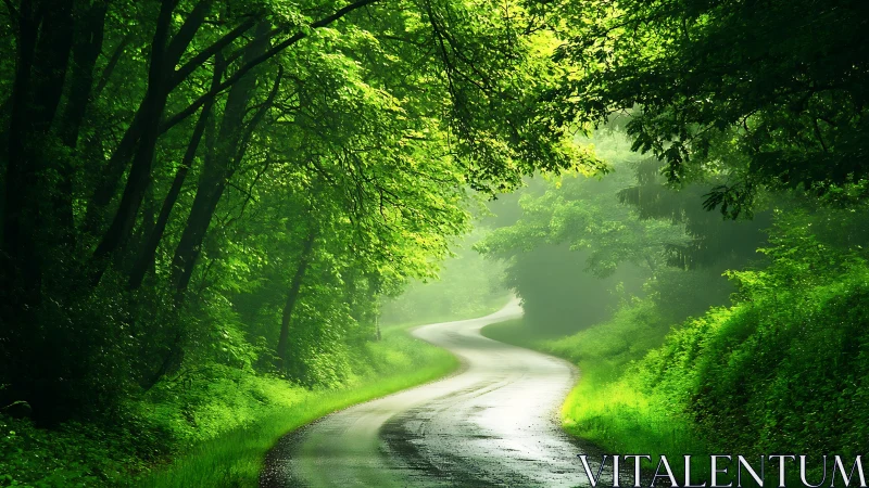 Serene winding forest road in lush greenery, vibrant natural style.