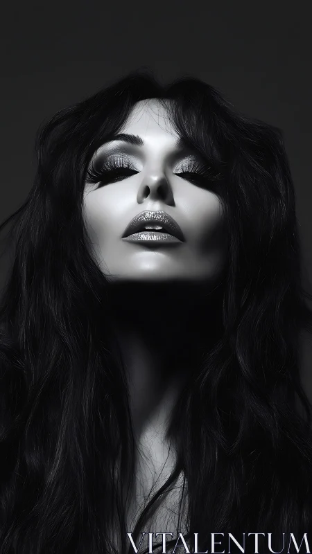 Monochrome high‑contrast portrait with sculpted facial geometry.