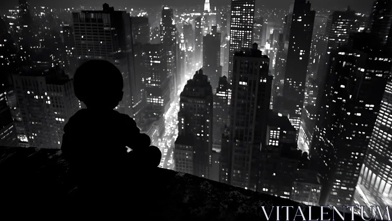 Child silhouette overlooking illuminated night city skyline