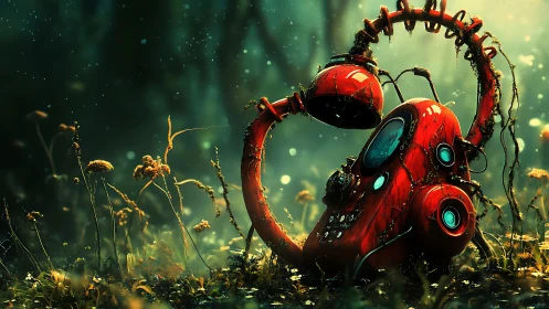 Rusting red robot phone decays quietly in misty forest