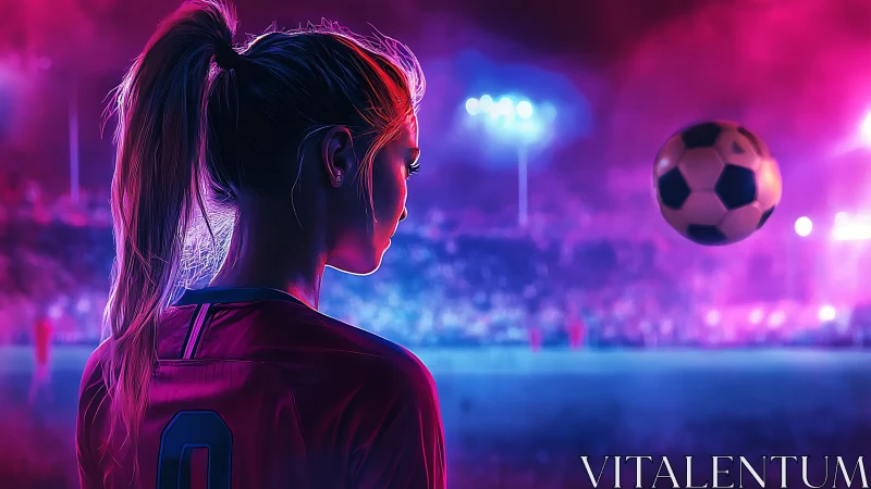 Female soccer player under stadium lights with ball in play.