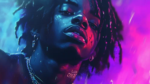 Neon crowned rebel gazing up through electric twilight.