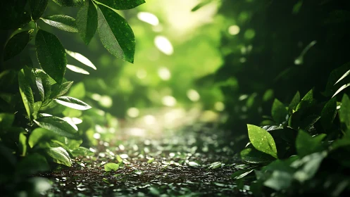 Sunlit garden path glows through lush green foliage.