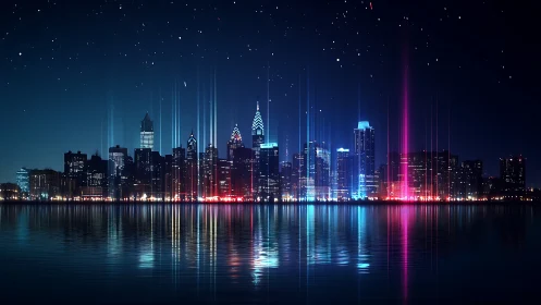 Neon towers whisper upward while starlit water quietly listens