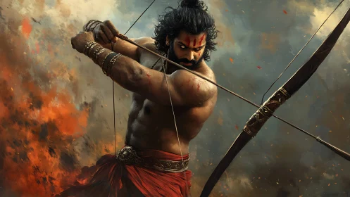 Warrior archer poised in swirling fire and stormy skies.