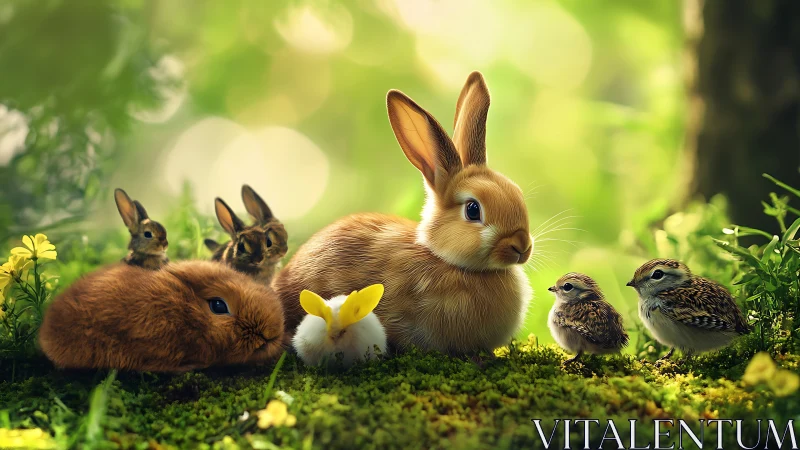Young rabbits and small birds gathered on forest moss.