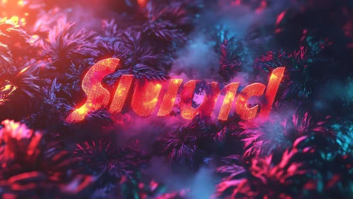 Neon Strong Text with Glowing Particles and Fog.
