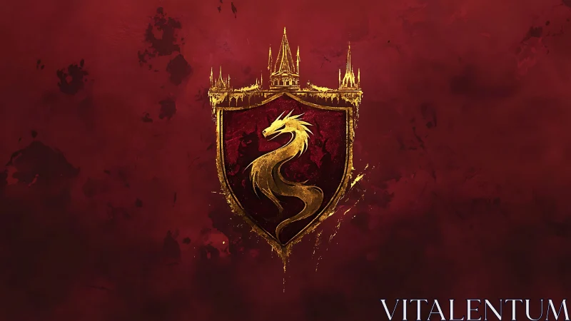 Gold dragon crest on red shield with stylized castle above.