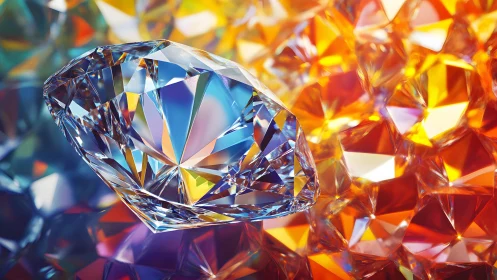 Brilliant Cut Diamond on Colorful Faceted Background, Hyperrealistic.