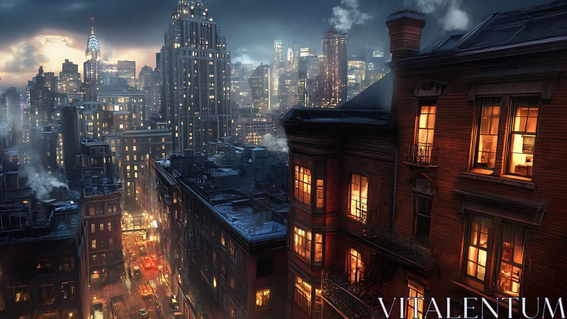 Rainy city street with lit apartments and skyline at night.