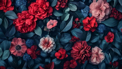 Layered Petals: Crimson Blooms Against Teal Foliage.