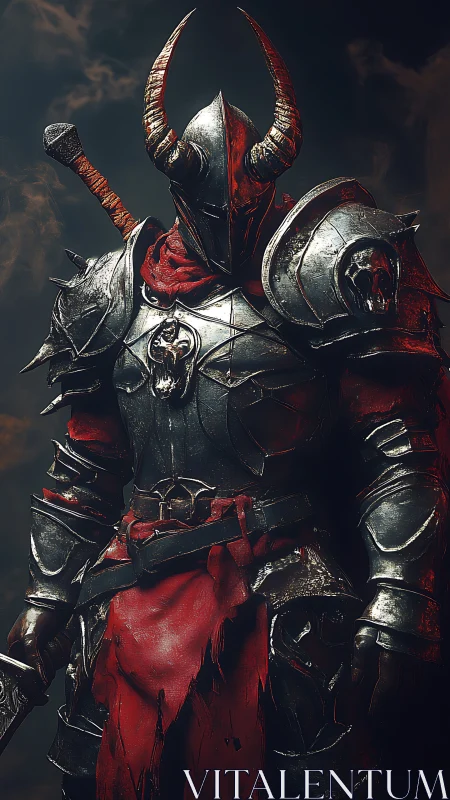 Horned armored warrior stands in worn plate with red accents