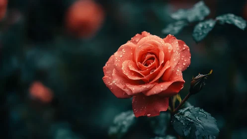 Coral rose with morning dew droplets in deep focus garden setting.