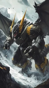 Armored draconic mecha advances through storm-lashed ravine