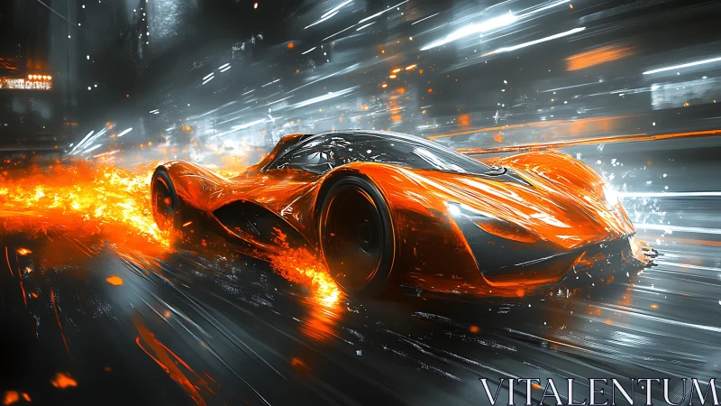 Flaming hypercar streaks through neon city streets at speed.
