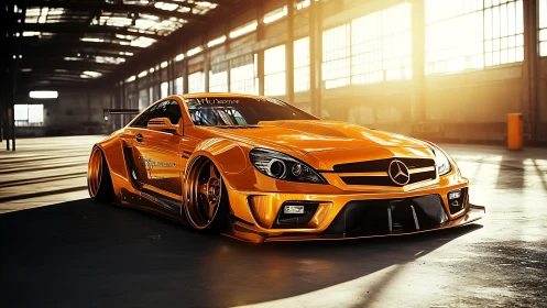 Widebody orange Mercedes tuner car under warehouse sun.
