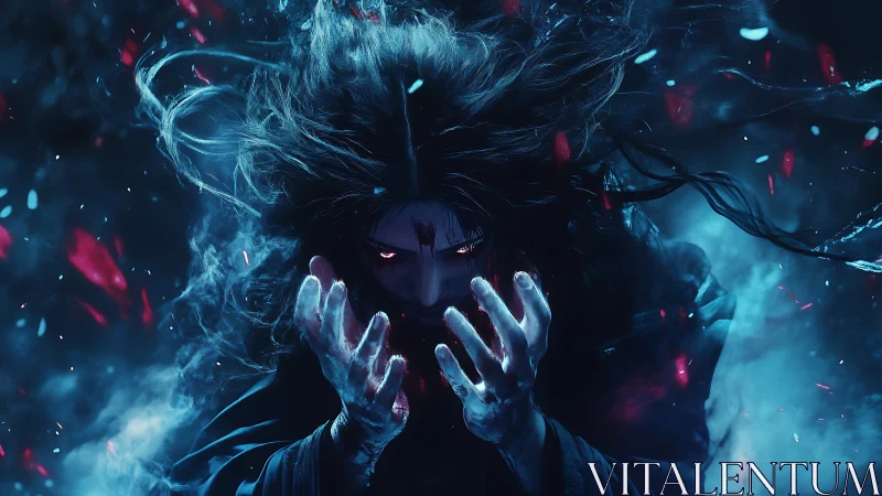 Dark sorcerer with glowing eyes and swirling blue magic.