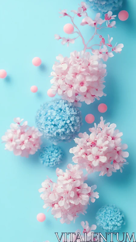 Floral arrangement with hydrangea specimens on cyan background.