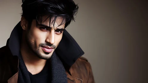 Portrait shows a man in brown jacket against neutral backdrop