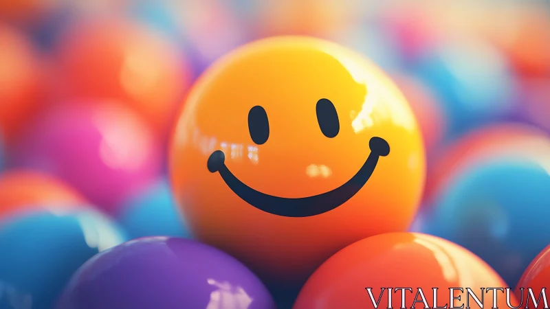 Smiling orange sphere amid defocused multicolor glossy balls.