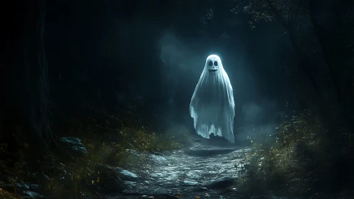 Luminous ghost drifting over moonlit forest trail at night.