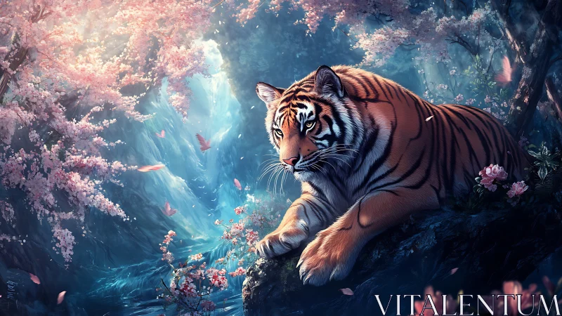 Majestic tiger rests beneath glowing cherry blossoms at dusk