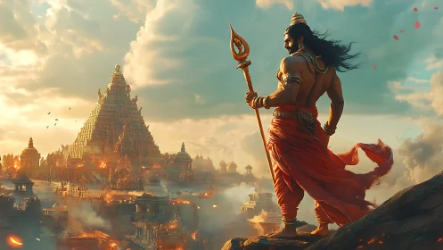 Mythic sentinel overseeing pyramidal temple city in flames.