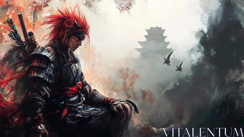 Armored red haired warrior studies mist veiled pagoda skyline