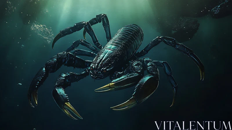 Giant cybernetic scorpion ascends through volumetric ocean light