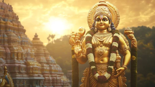 Golden South Indian deity statue under radiant temple sunset.