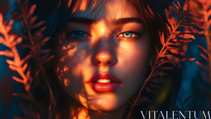 Freckled blue-eyed woman framed by orange fern light.
