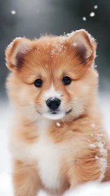 Puppy stands in falling snow with shallow depth of field