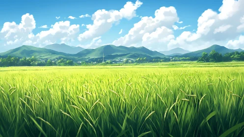Sunlit green rice field under distant layered mountains.