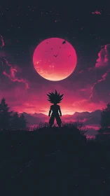 Stargazing warrior silhouette welcomes a glowing pink moon