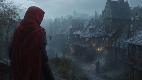 Cloaked watcher surveys fog-drenched medieval alleyway at dusk