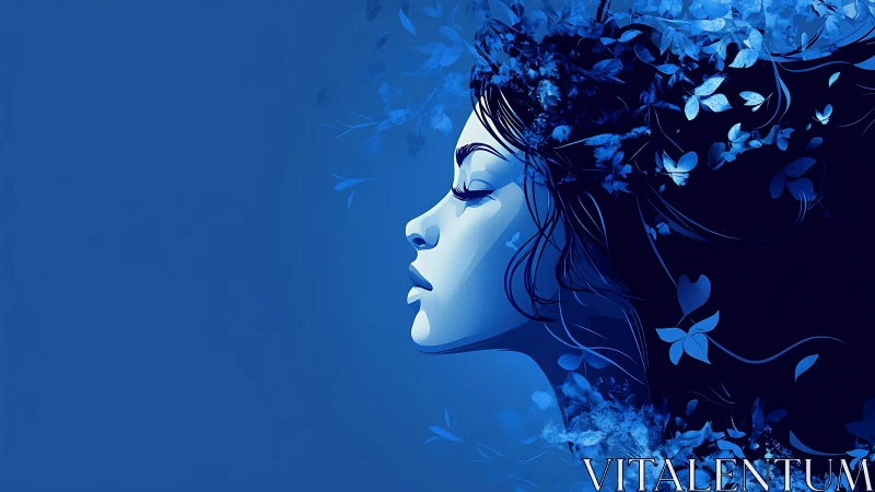 Monochrome blue female profile merges with abstract floral forms