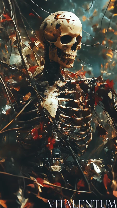 Autumn-tangled skeleton dreaming beneath rust and leaves.