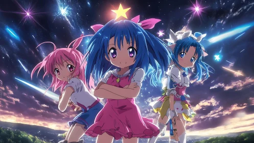 Starlit magical girls stand proud beneath a blazing meteor sky