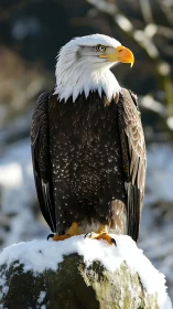 Bald eagle stands alert on snow covered rock in winter light